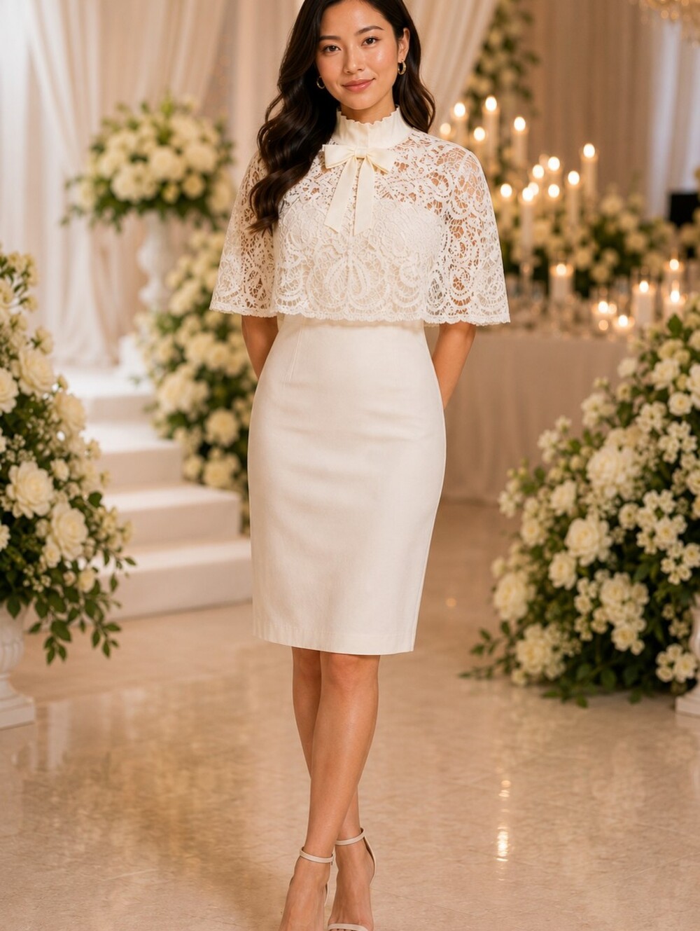 NWOT Ivory Lace Overlay Cape Satin Ribbon Tie Sheath Bridal Classic Dress Sz  12